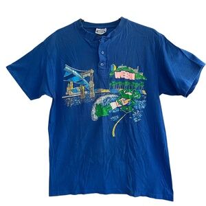 Vintage HANES BEEFY-T WEBN Blue Button-Up Tee Frog Cincinnati Graphic Mens LG